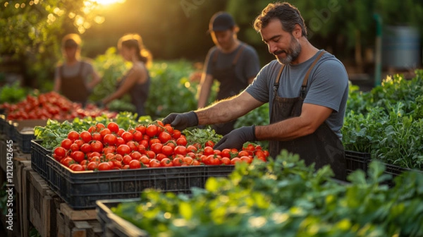 Obraz People handing out fresh produce from a community garden at a food drive. Bright lighting, contrast