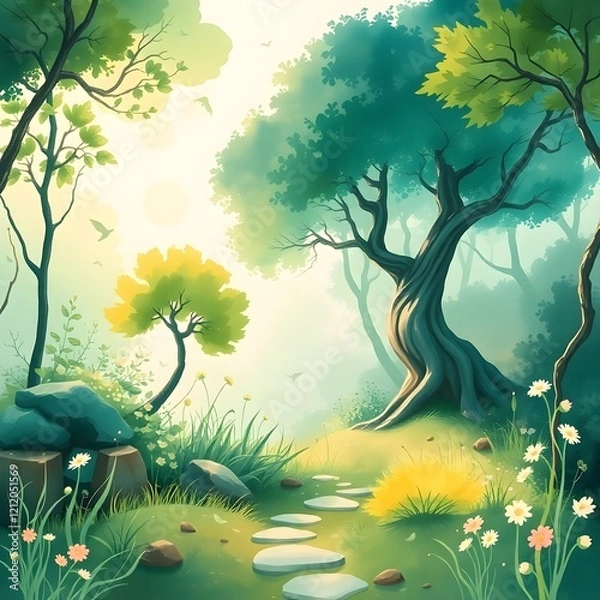 Fototapeta Serene Forest Path with Lush Green Trees, Flowers, and Soft Morning Light