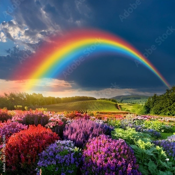 Fototapeta 雨上がりの晴れに虹がかかている、いろいろな色の草花がある風景