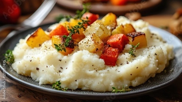 Fototapeta Creamy Mashed Potatoes Topped with Roasted Vegetables in Plate