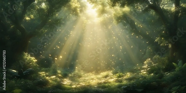 Obraz Sunbeams in magical forest.