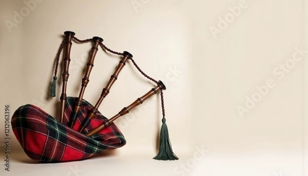 Fototapeta Traditional scottish bagpipes with tartan pattern and tassels on neutral background