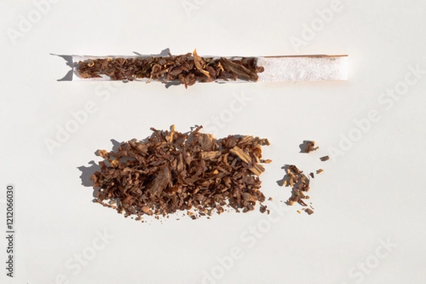 Fototapeta tobacco and cigarette. Disected cigarette, cut open in half cigarette, filter, paper and tobacco. White background