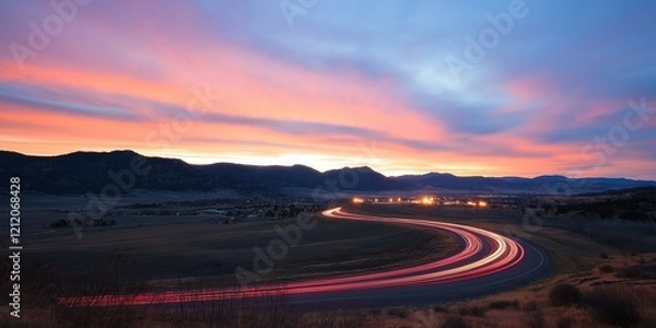 Fototapeta A captivating long-exposure photograph of a winding mountain road at twilight