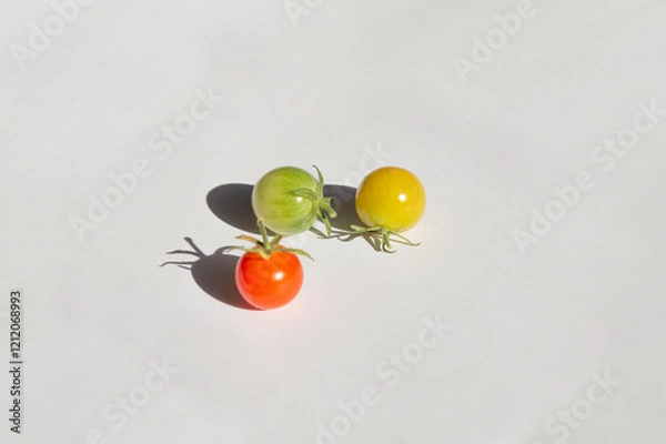 Fototapeta Three cherry tomatoes. Close up on empty white background. Stages of ripening process, red, yellow and green tomatoes. Gardening and harvesting, ingredients
