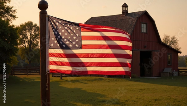 Fototapeta American Flag Waving on a Pole at Independence Day with Barn in the Background and Copy Space