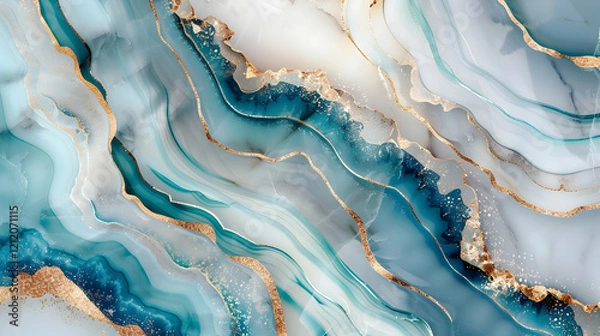 Fototapeta Abstract blue and gold marbled texture with fluid patterns.