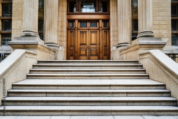 Fototapeta A wooden door and steps leading up to a building, suitable for use as an exterior or interior design element