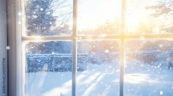 Fototapeta Serene Winter Wonderland Through Blurred Window with Sunlight Streaming In, Creating a Tranquil and Peaceful Atmosphere