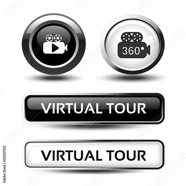 Fototapeta Vector buttons for virtual tour, black and white circular labels with camera and rectangle buttons, glossy design