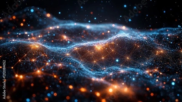 Fototapeta Abstract cosmic landscape with glowing particles and waves creating a sense of infinite space and interconnectedness