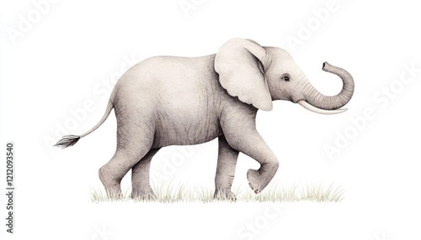 Fototapeta A charming illustration of a walking elephant on a grassy field against a plain background