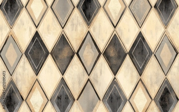 Fototapeta Beige and black diamond pattern watercolor texture.