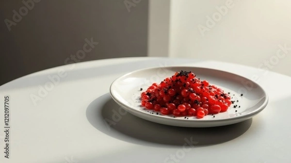Fototapeta A Delicate Arrangement of Red Spheres on a Pristine White Plate, Adorned with Tiny Black Specks