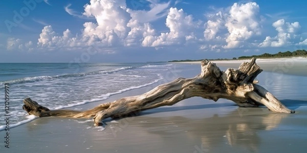Fototapeta Driftwood Dreams: A weathered, gnarled driftwood log lies partially submerged in the pristine sands of a deserted beach, its silhouette outlined against a backdrop of azure sky and fluffy clouds.