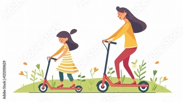 Obraz Active Family Fun: Mother and Daughter Riding Kick Scooters Together
