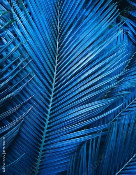 Fototapeta Blue palm leaves background. Blue monday concept. Generated image