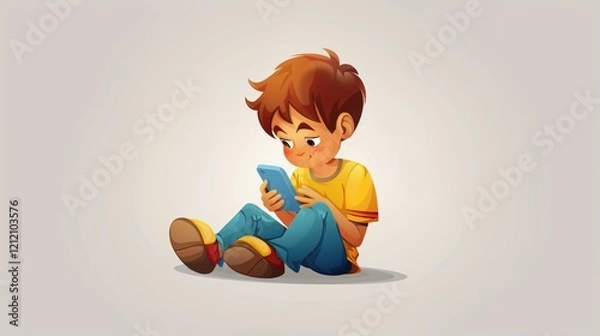 Obraz Young Boy Engaged with Smartphone - Cartoon Vector Illustration