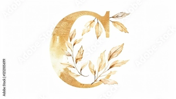 Fototapeta Elegant Gold Letter C with Watercolor Leaves, Floral Alpha for Design Projects