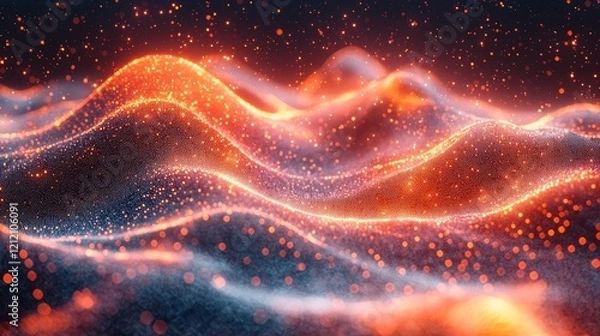 Fototapeta Abstract digital landscape with glowing waves and shimmering particles creating a mesmerizing visual experience at night