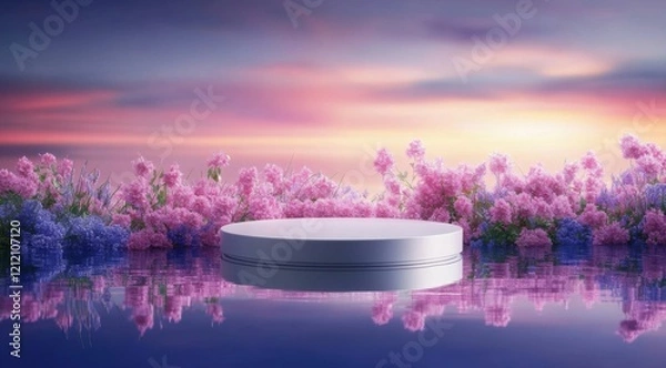 Fototapeta A round platform on the water, surrounded by pink flowers, with a blue and purple gradient background, a product display scene, with plenty of space for text or logo