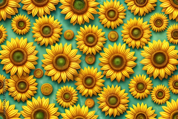 Fototapeta Vibrant Sunflower Pattern. A Close-Up View of Yellow Sunflowers on Teal Background