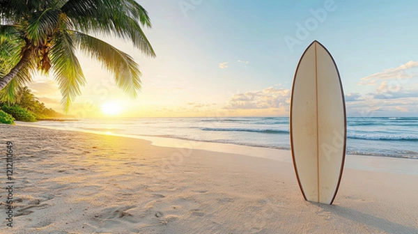 Fototapeta surfboard leaning against palm tree at sunset on beach
