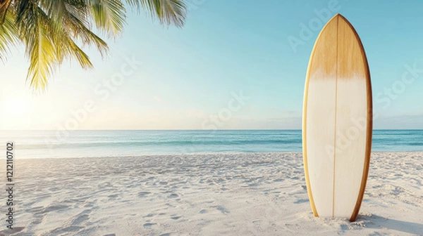 Fototapeta surfboard standing on sandy beach with palm trees at sunset
