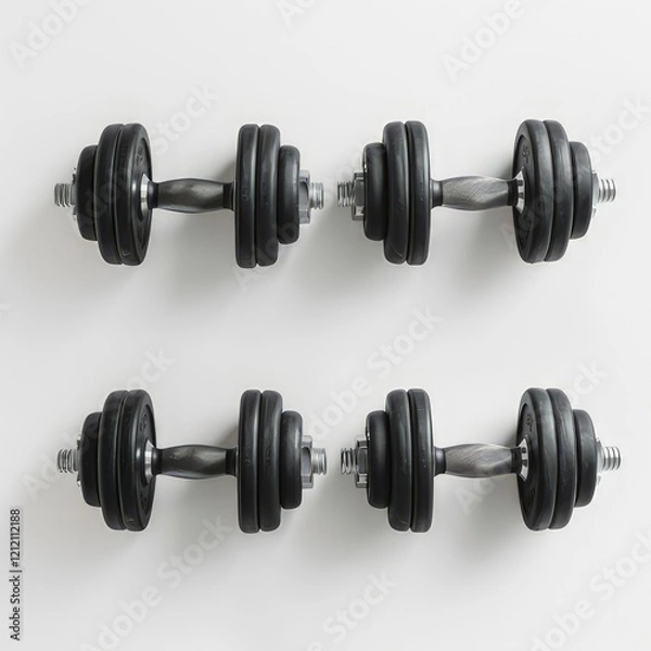 Fototapeta A set of black dumbbells arranged in two rows on a white background for fitness purposes.