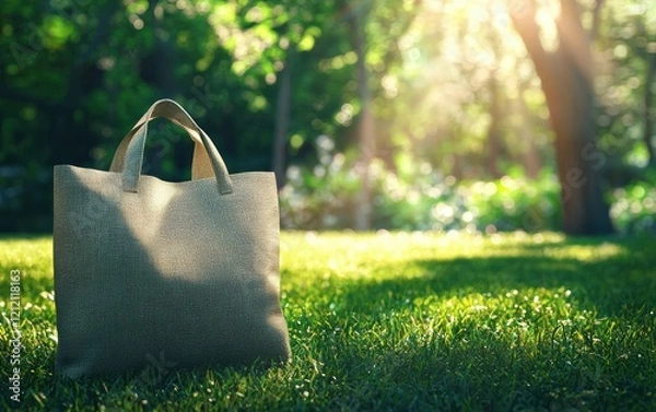 Fototapeta Eco-friendly fabric grocery bag mockup on a fresh green grass background with sunlight filtering through trees