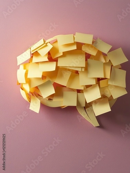 Fototapeta Creative Concept of Brain with Yellow Sticky Notes on Pink Background