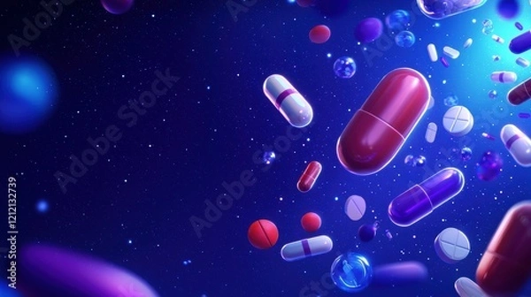 Obraz A vibrant illustration of colorful capsules and pills floating in a cosmic background, representing pharmaceuticals and health.