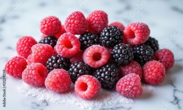 Fototapeta Fresh frozen berries on a marble background