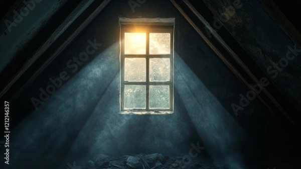 Fototapeta The soft glow of moonlight spilling through an attic window, illuminating dusty wooden beams