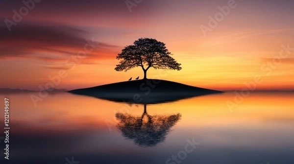 Fototapeta A serene sunset scene with a solitary tree on an island, reflecting beautifully in calm waters.