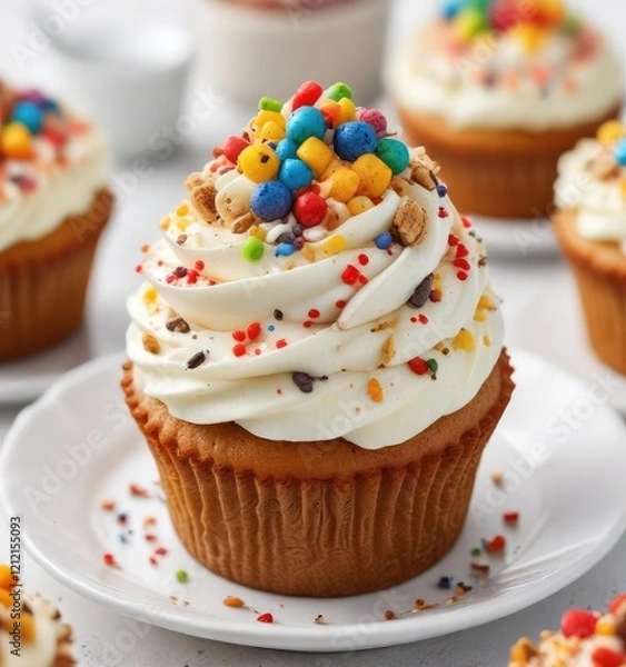 Fototapeta Colorful sprinkles and chopped nuts add texture to this delectable baked cupcake placed on a pristine white plate , food presentation, chopped nuts