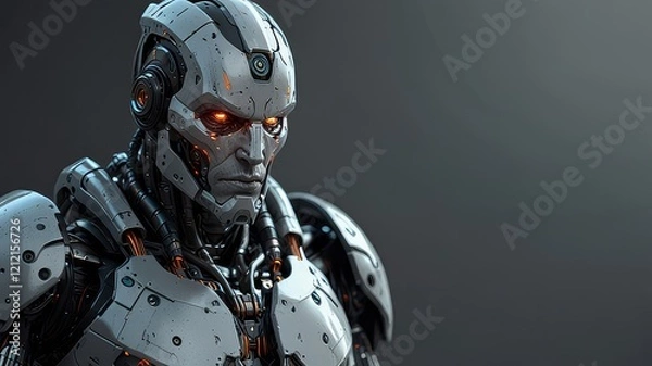 Fototapeta AI technology, sci fi and cyborg man, futuristic robot or fantasy warrior character for RPG, gaming or cyberpunk. Studio machine, android transformation or robotic humanoid model on grey background