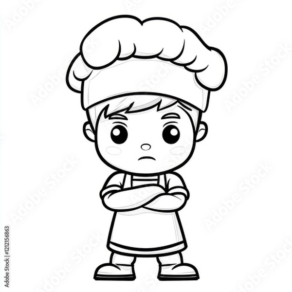 Fototapeta Cartoon chef boy, serious expression, simple design, for kids' content, possible use cookbook or children's book illustration