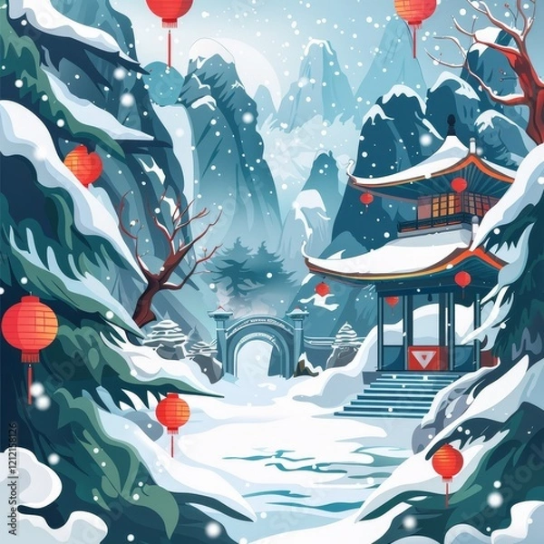 Fototapeta A snowy mountain scene with a traditional Chinese temple, bridge and red lanterns.