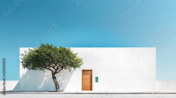 Obraz minimalist modern house in white with wood and concrete, a small tree at the entrance, a square courtyard behind the door that has pebbles on one side and trees