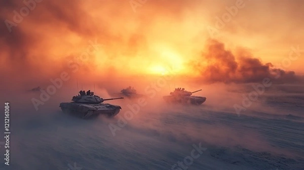 Fototapeta A photograph of the Russian army's tank assault in winter, with tanks moving on an icy field during dawn.