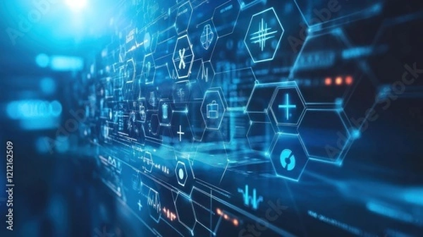 Fototapeta Digital hexagon backgrounds tailored for medical themes integrating AI and tech elements.