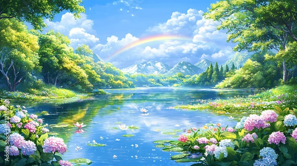 Fototapeta Serene lake nestled in a vibrant valley, rainbow arching over snow-capped mountains.