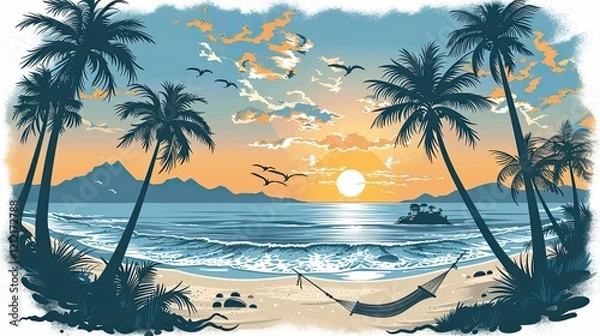 Fototapeta flat design, Flat Beach Vacation: Palm trees, a hammock, and waves gently hitting the shore
