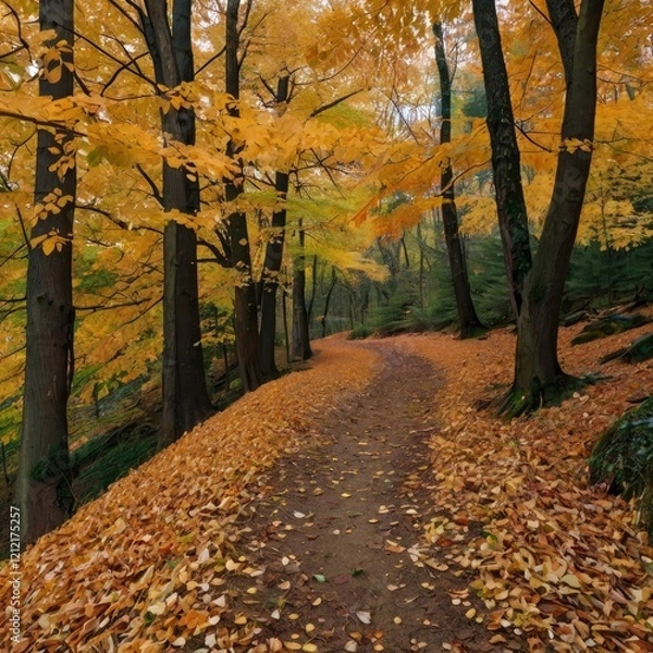 Fototapeta Autumn leaves covering the forest path.