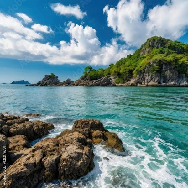 Fototapeta Island green tree mountain and rocks on Sea and blue sky and white cloud beautiful