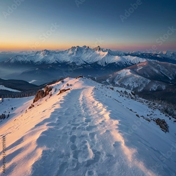 Fototapeta Magical view of in the mountains - snow covered mountain ranges among snowy areas, under deep blue sky during sunset.