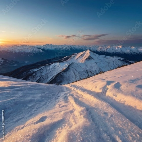 Fototapeta Magical view of in the mountains - snow covered mountain ranges among snowy areas, under deep blue sky during sunset.
