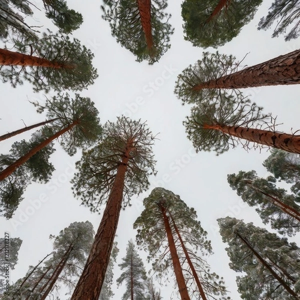 Fototapeta Tall pine trees in the winter.