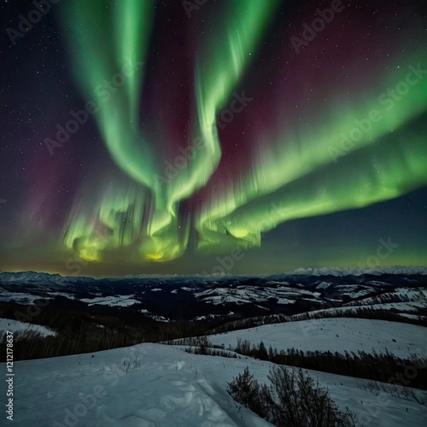 Fototapeta The Aurora in the sky above the hills at night.